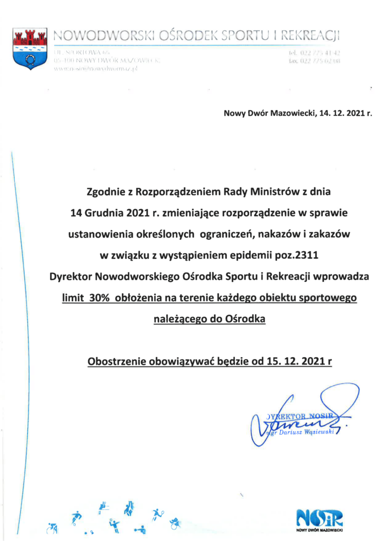 Ogłoszenie Dyrektora NOSiR ws. obłożenia obiektów